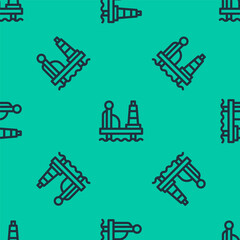 Blue line Oil platform in the sea icon isolated seamless pattern on green background. Drilling rig at sea. Oil platform, gas fuel, industry offshore. Vector