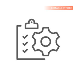 Clipboard and gear cogwheel line vector icon. Data, task checklist outlined symbol.