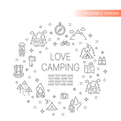 Fototapeta na wymiar Love camping banner template, editable stroke. Hiking, tourism outline icon set.