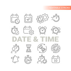 Date and time line vector icon set. Clock, deadline, twenty four seven business outlined icons.