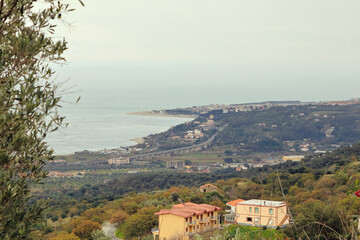 Obraz premium View of the Ionian Coast with Soverato and Montepaone Lido (Calabria, Italy), shot taken in Montepaone Superiore