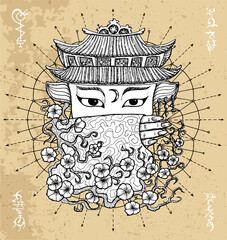 Fantasy Witch face or portrait line art illustration with mystic, esoteric and occut symbols against texture background, oriental asian style,  Halloween concept