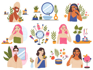 Female beauty skincare routine, young women use cleanser and skin moisturiser. Woman skin care procedures, organic cosmetic products vector illustration set. Beauty routine