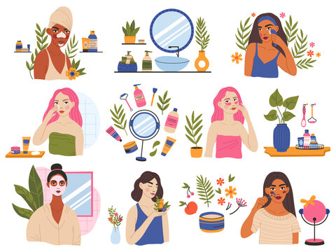 Female beauty skincare routine, young women use cleanser and skin moisturiser. Woman skin care procedures, organic cosmetic products vector illustration set. Beauty routine
