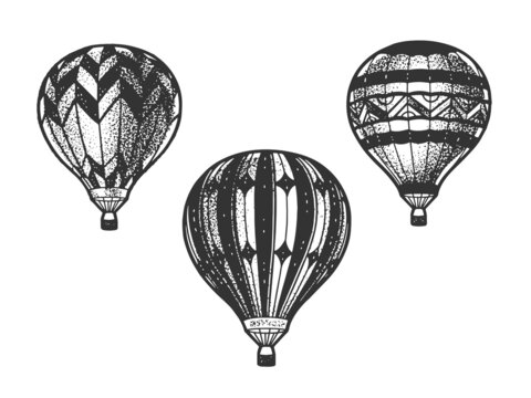 Balloon aeronautics aerostat set sketch engraving raster illustration. T-shirt apparel print design. Scratch board imitation. Black and white hand drawn image.