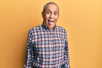 Handsome senior man with grey hair wearing casual shirt sticking tongue out happy with funny expression. emotion concept.