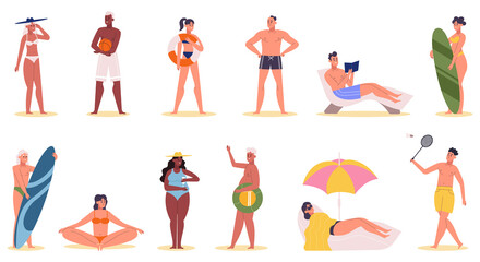 Summer beach activity characters, people sunbathing and swimming. Vacation beach activities, extreme water sports or reading vector illustration set. Beach people