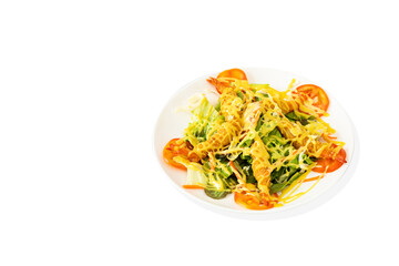 Japanese Cuisine - Tempura Shrimps shrimp in tempura with lemon slices and salad