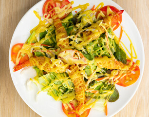 Japanese Cuisine - Tempura Shrimps shrimp in tempura with lemon slices and salad