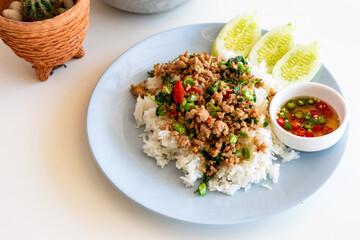 Rice topped with stir-fried pork and basil, Thai food