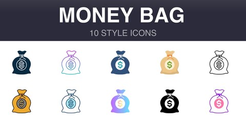 Money bag 10 style universal icons, line, outline, simple, flat, filled, two coloured, gradient elements