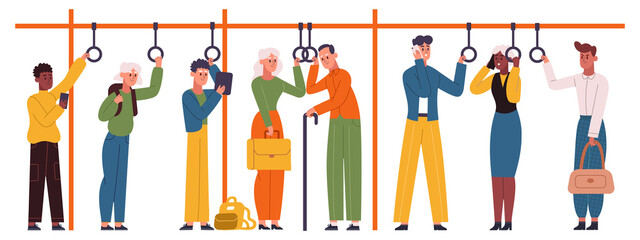Public city transport passengers holding handles in train or bus. Urban transport travellers standing in subway train vector illustration. City transportation passengers