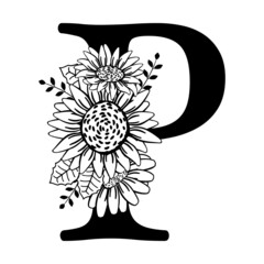 Capital letter P with flowers. Monogram, signature, title, screen caption. Black outline drawing. Vector illustration isolated on white background. Farmhouse family logo. Floral design, name initials.