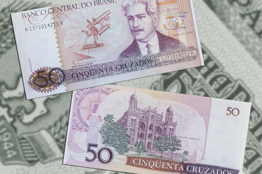 A closeup of the Brazilian cruzados banknotes.