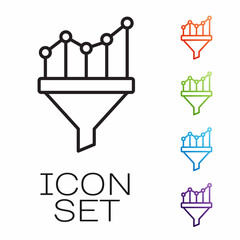 Black line Sales funnel with chart for marketing and startup business icon isolated on white background. Infographic template. Set icons colorful. Vector