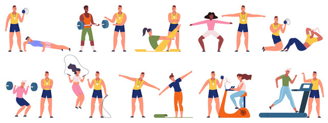 Fototapeta na wymiar Personal fitness trainer, gym workout coach scenes. Sport exercising, personal coach training people vector illustration set. Fitness instructor scenes