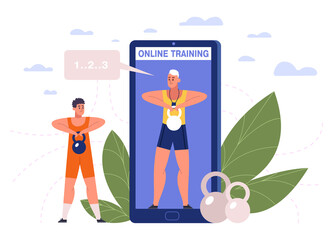 Online fitness training, mobile app with workouts and sport exercises. Personal online training on smartphone screen vector illustration. Mobile personal trainer service
