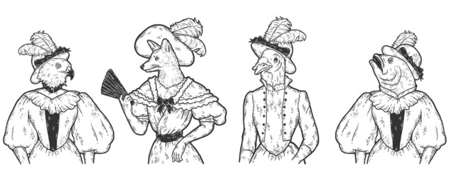 Fototapeta na wymiar Animal women set. Vintage clothes fox, fish, bird and turkey. Raster illustration, sketch.