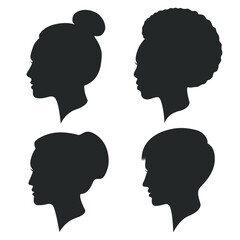 Women heads graphic signs set. Female silhouettes isolated on white background. Collection different symbols girls. Vector illustration