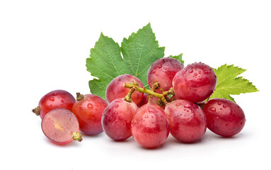 Red grape with leaves isolated on white background.