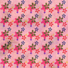 ピンクのグランジ地にピンクや緑などの桜のシルエットのパターン