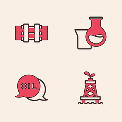 Set Oil rig, Metallic pipes and valve, petrol test tube and Word oil icon. Vector