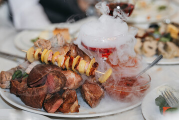Food on the table. Dishes. Wedding table. Serving.
