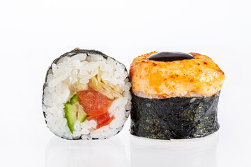 tasty sushi with salmon and vegetables