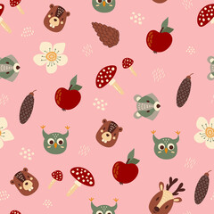 Forest seamless pattern with animal heads. Owl, raccoon, deer, beaver. Design for fabric, textile, wallpaper, packaging, decorating a nursery.