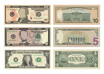 Set of ten dollars, five dollars and one dollar bills from both sides. 10, 5 and 1 US dollars banknotes. Business, banking and success concept. Vector illustration of USD isolated on white background - obrazy, fototapety, plakaty