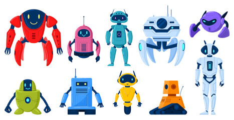 Cartoon robot characters, technology cyborg mascots or mechanical toys. Artificial intelligence, scientific technology machines vector illustration set. Digital cyborgs - obrazy, fototapety, plakaty