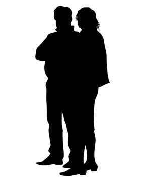 Young man and woman are standing next to each other. Isolated silhouette on a white background