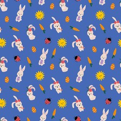 Easter seamless pattern. Drawn Easter bunnies with eggs and carrots. Design for fabric, textile, packaging.	