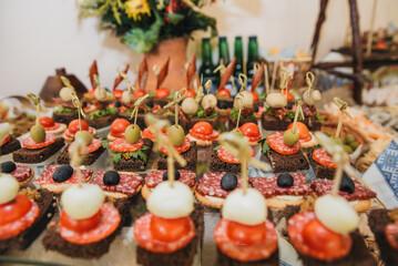 Food on the table. Dishes. Wedding table. Serving.