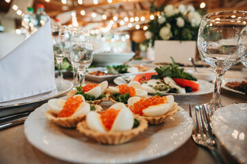 Food on the table. Dishes. Wedding table. Serving.