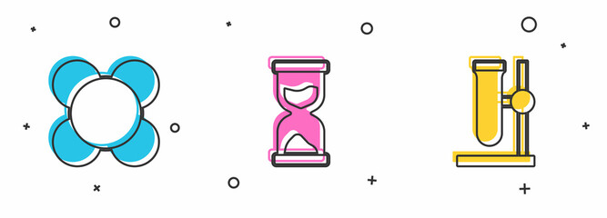 Set Molecule, Old hourglass and Test tube flask on stand icon. Vector