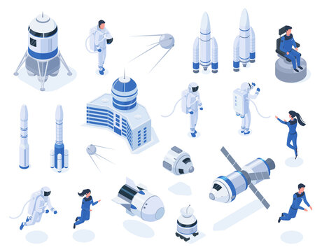Isometric space bodies, astronaut, satellites and spacecraft. Outer space exploration, lunar rover and rockets vector illustration set. Space technology and astronautics