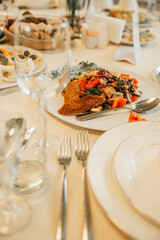 Food on the table. Dishes. Wedding table. Serving.