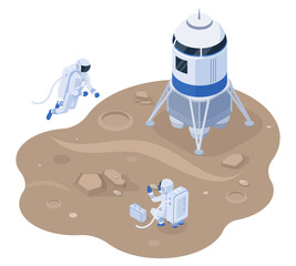 Isometric space station, space exploration and colonisation. Space explorers on mars or moon, planet vector illustration. Planet atmosphere or soil study © WinWin