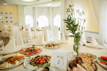 Food on the table. Dishes. Wedding table. Serving.