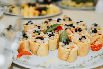 Food on the table. Dishes. Wedding table. Serving.