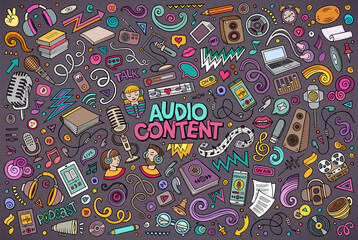 Colorful vector set of Audio content theme objects and symbols