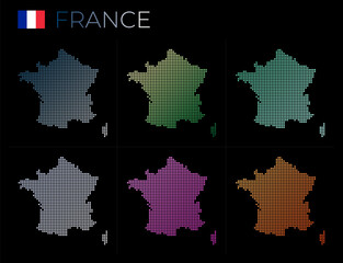 France dotted map set. Map of France in dotted style. Borders of the country filled with beautiful smooth gradient circles. Vibrant vector illustration.