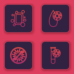 Set line Bar of soap, Stop virus, Blood test and and Test tube with. Blue square button. Vector