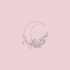 Boho moon. Flowers in trendy linear minimal style, pink background, outline emblem or logo for jewelry, cosmetics, beauty and tattoo, mystery feminine, esoteric and astronomy vector illustration