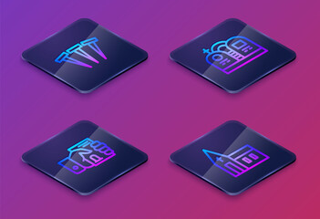 Set Isometric line Metallic nails, Death certificate in hand, Grave with tombstone and Church building. Blue square button. Vector
