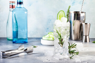 Gin tonic with cucumber, alcoholic cocktail drink with dry gin, rosemary, tonic, fresh cucumber and...