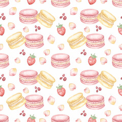 Watercolor Yummy Sweets repeat Paper, Macaron with fruits scrapbook paper , sweets wrapping paper, Hand drawn Bakery seamless pattern, food print for fabric, endless print
