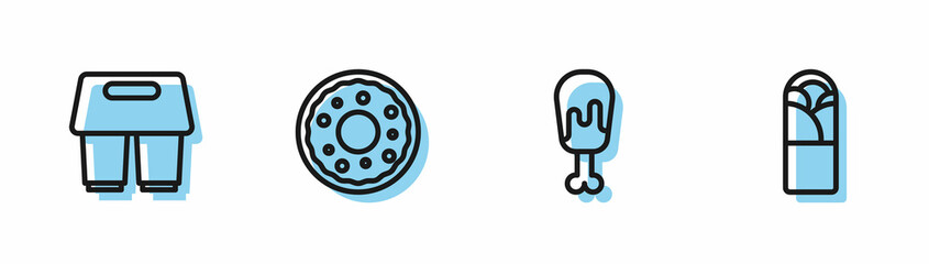 Set line Chicken leg, Coffee cup to go, Donut and Doner kebab icon. Vector