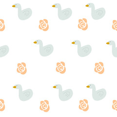 Grey swan with cute pink flower/floral on white background seamless pattern. 